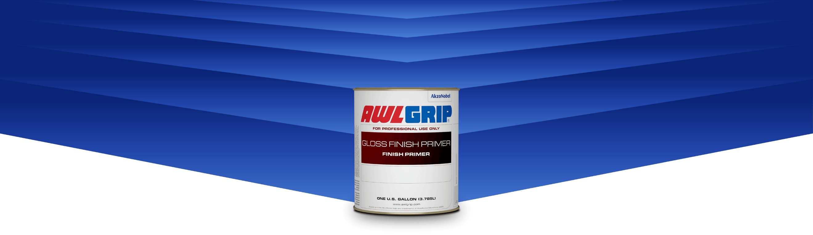 Awlgrip Gloss Finish Primer product can with stylized blue geometric background Awlgrip Gloss Finish Primer product can with stylized blue geometric background
