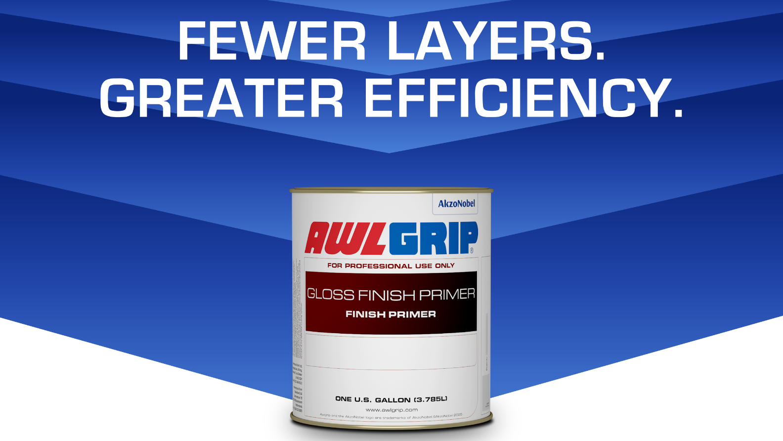 Awlgrip Gloss Finish Primer can next to the text: ‘Fewer layers. Greater efficiency.’ on a blue angular background