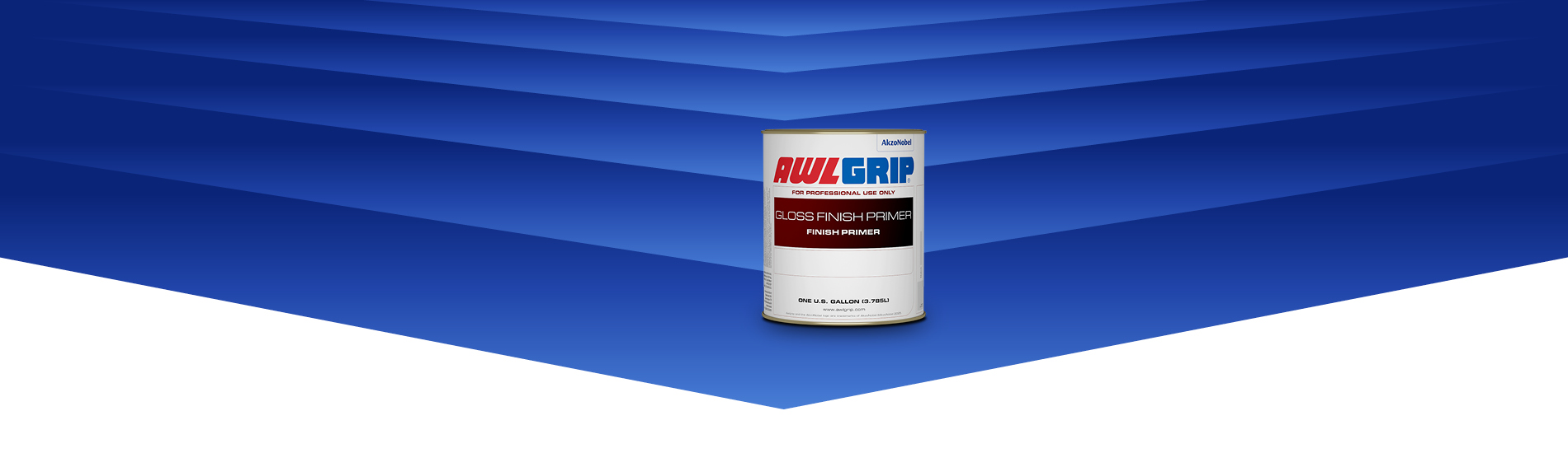 Awlgrip Gloss Finish Primer product can with stylized blue geometric background