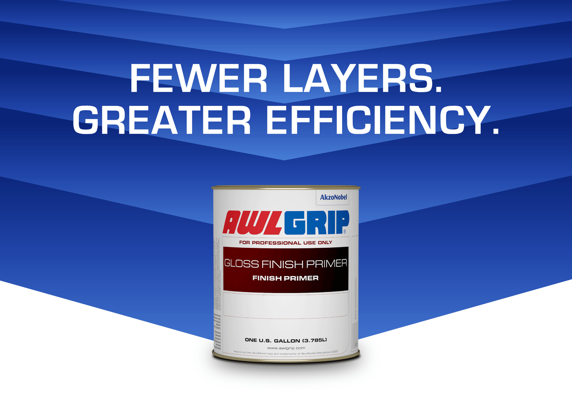 Awlgrip Gloss Finish Primer can next to the text: ‘Fewer layers. Greater efficiency.’ on a blue angular background