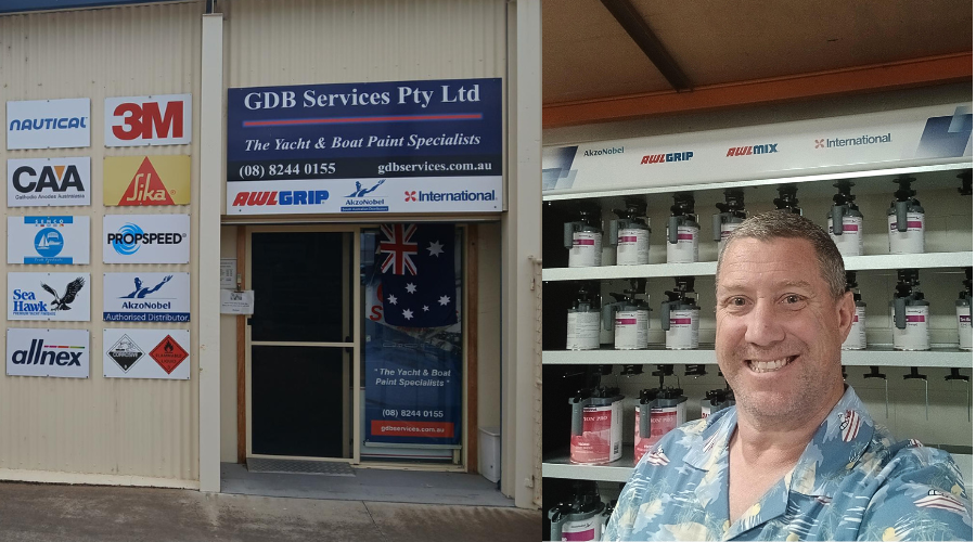 Exterior of the GDB Services Pty Ltd building with marine coatings brand signage, next to an interior photo of AwlMix mixing stations and a staff member standing in front of them.