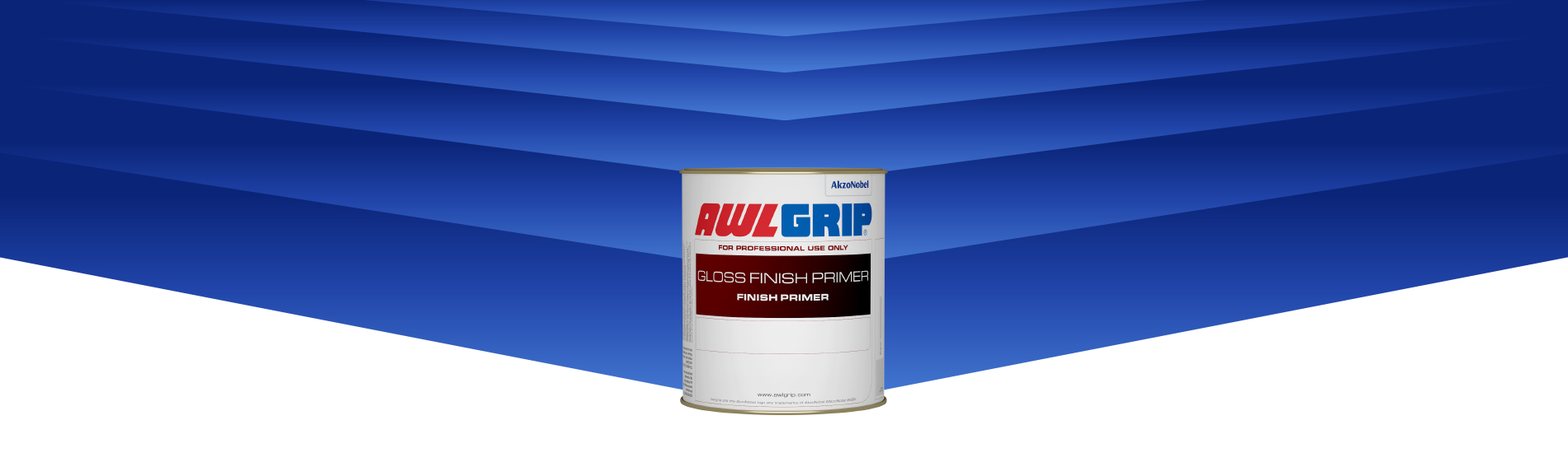 Awlgrip Gloss Finish Primer product can with stylized blue geometric background